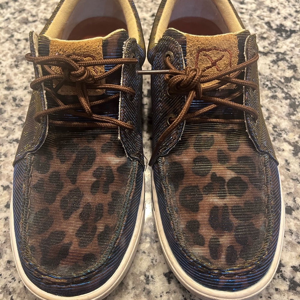Brown and Tan Animal Print Sneakers with White Soles